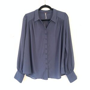 Free People Long Sleeve Button-Up Sheer Blouse Size M Blue Western
